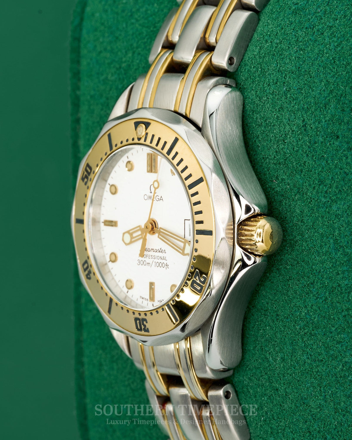 29mm Ladies Omega Seamaster 300 in 18kt Yellow Gold and Stainless with White Dial (Ref: 2382)(Year: 2011)(Box & Papers)