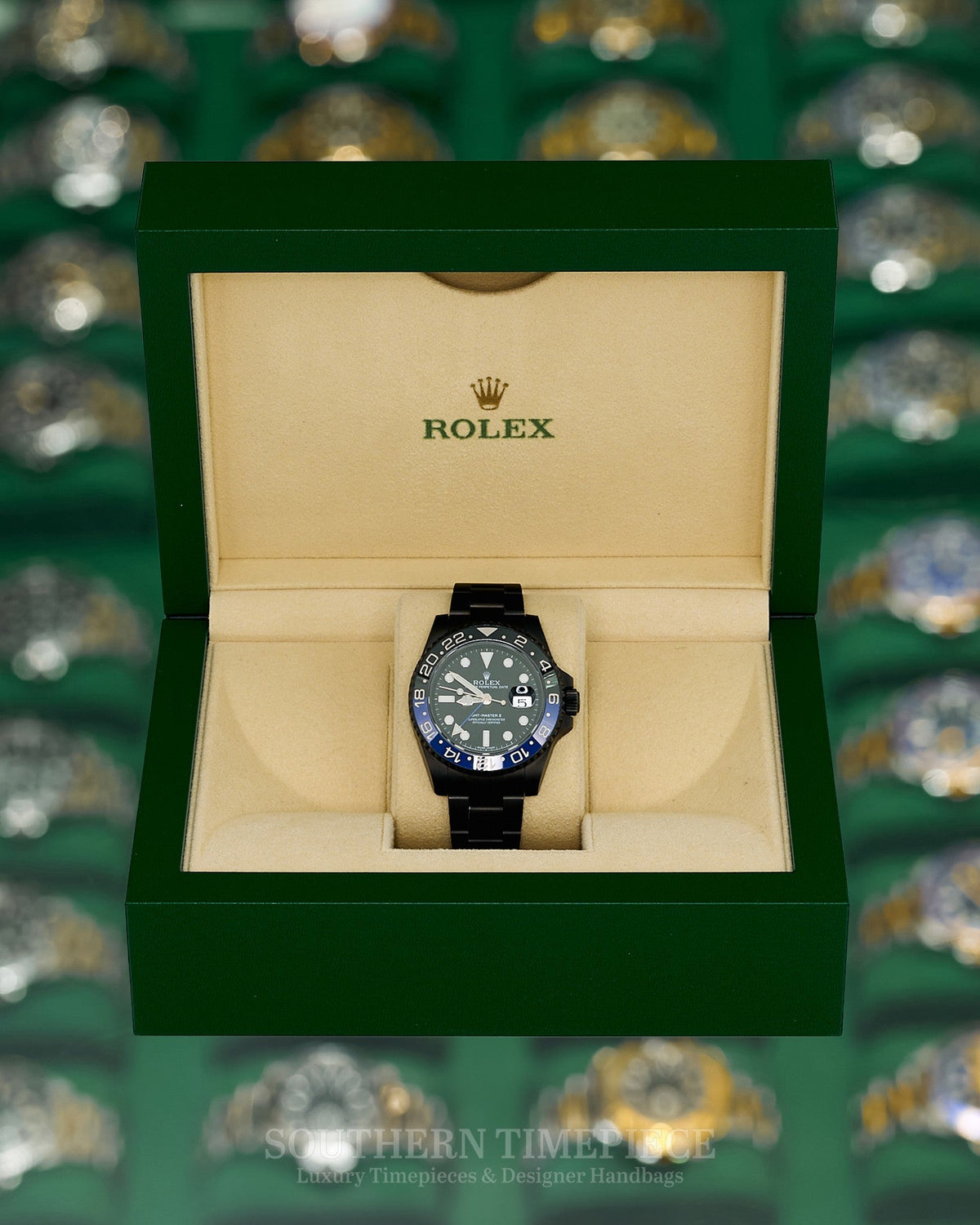 40mm Rolex GMT-Master II "Batman" PVD/DLC Coated with Blue and Black Bezel on Oyster (Ref: 116710BLNR)(Year: 2014+)(Box & Appraisal)