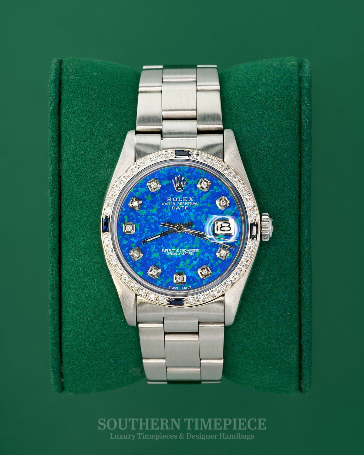 34mm Rolex Date with Custom Blue Confetti Diamond Dial and Diamond/Sapphire Bezel on Oyster (Ref: 1500)(Year: 1978)