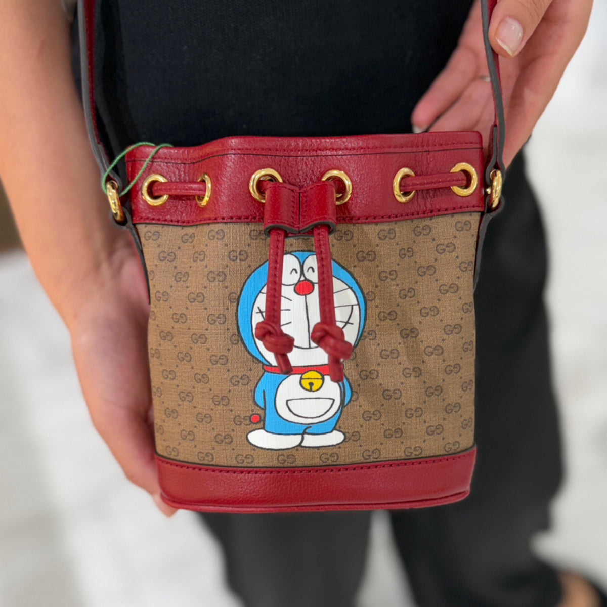 Gucci x Doraemon Mini Bucket Bag - Candy Red Leather & GG Canvas