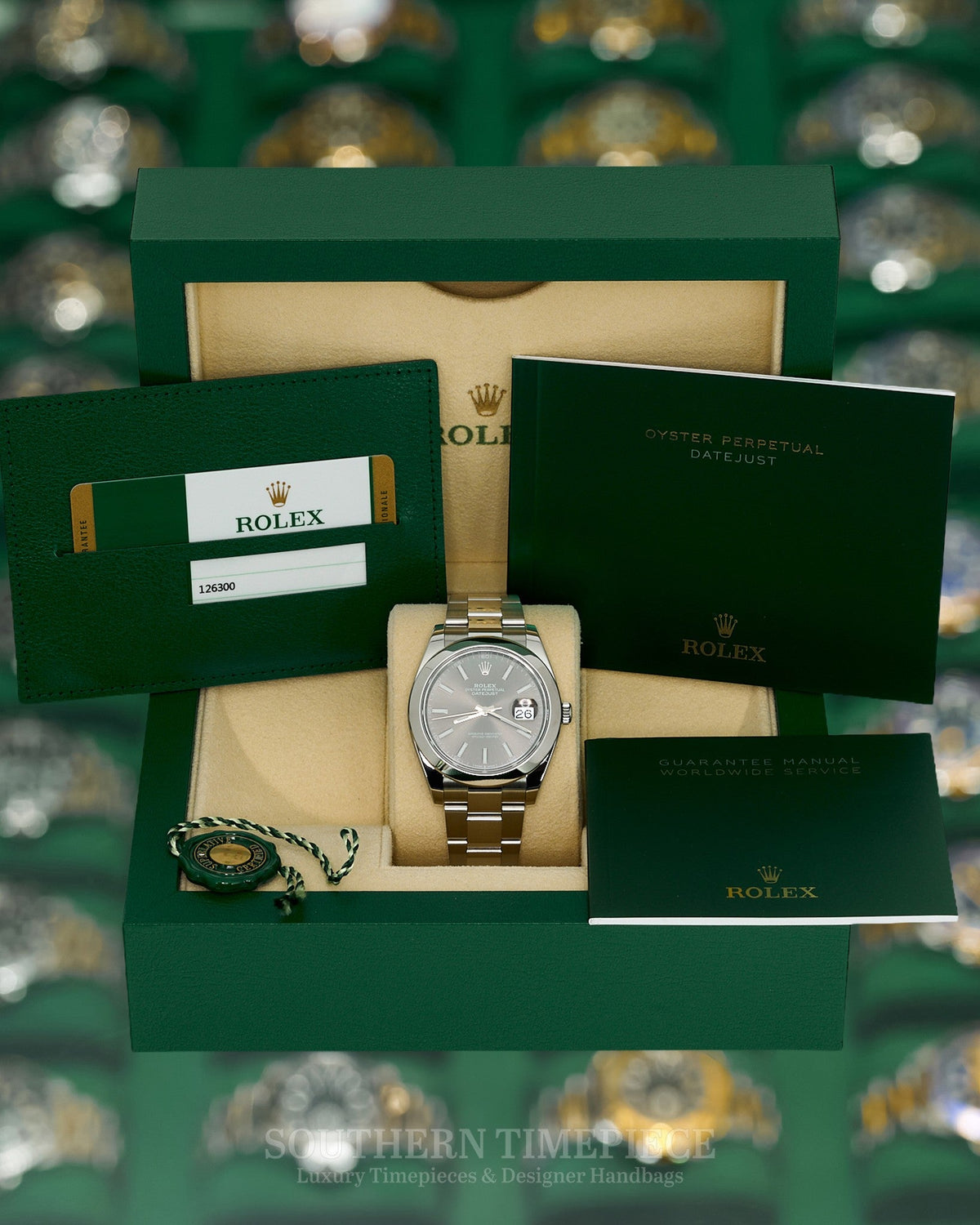 41mm Rolex Datejust with Rhodium Stick Dial in Stainless Steel on Oyster Bracelet (Ref: 126300)(Year: 2020)(Box & Papers)