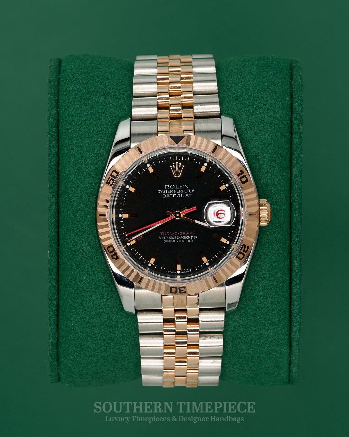 36mm Rolex Datejust "Turn-O-Graph" with Black Stick Dial in 18kt Rose Gold and Stainless on Jubilee (Ref: 116261)(Year: 2005)