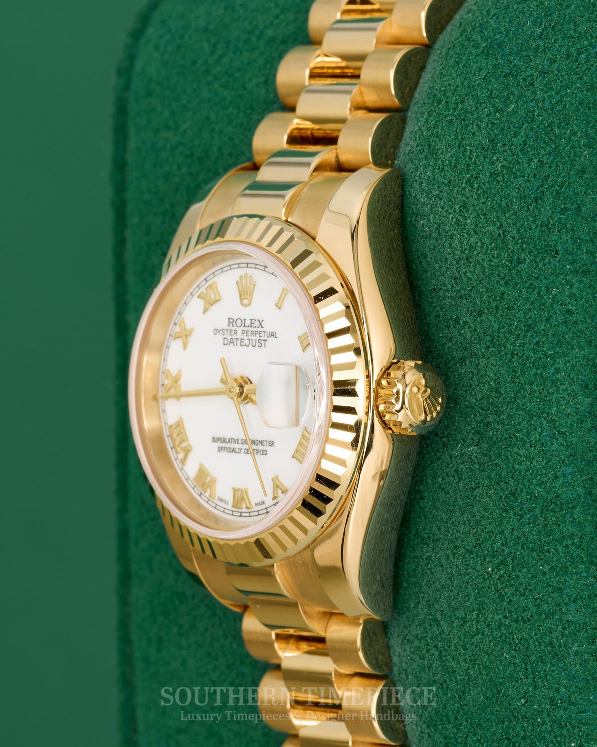 26mm Rolex Datejust "Ladies President" with White Roman Dial in Solid 18kt Yellow Gold (Ref: 179178)(Year: 2000)