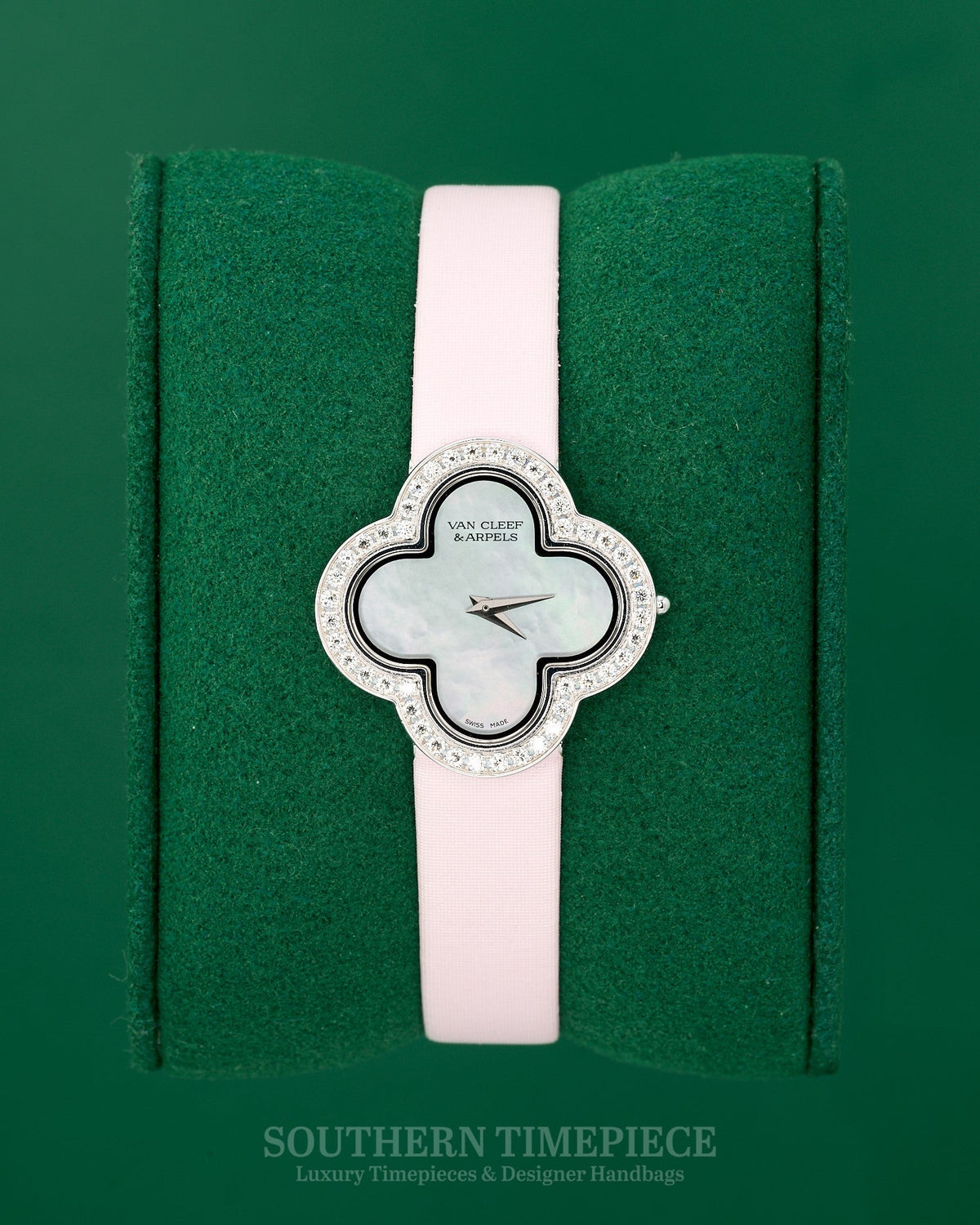27mm Van Cleef & Arpels Alhambra Watch Small Model in 18kt White Gold featuring a White Mother of Pearl Dial and a Factory Gem Set Round Diamond Bezel (Ref: VCARM95800)