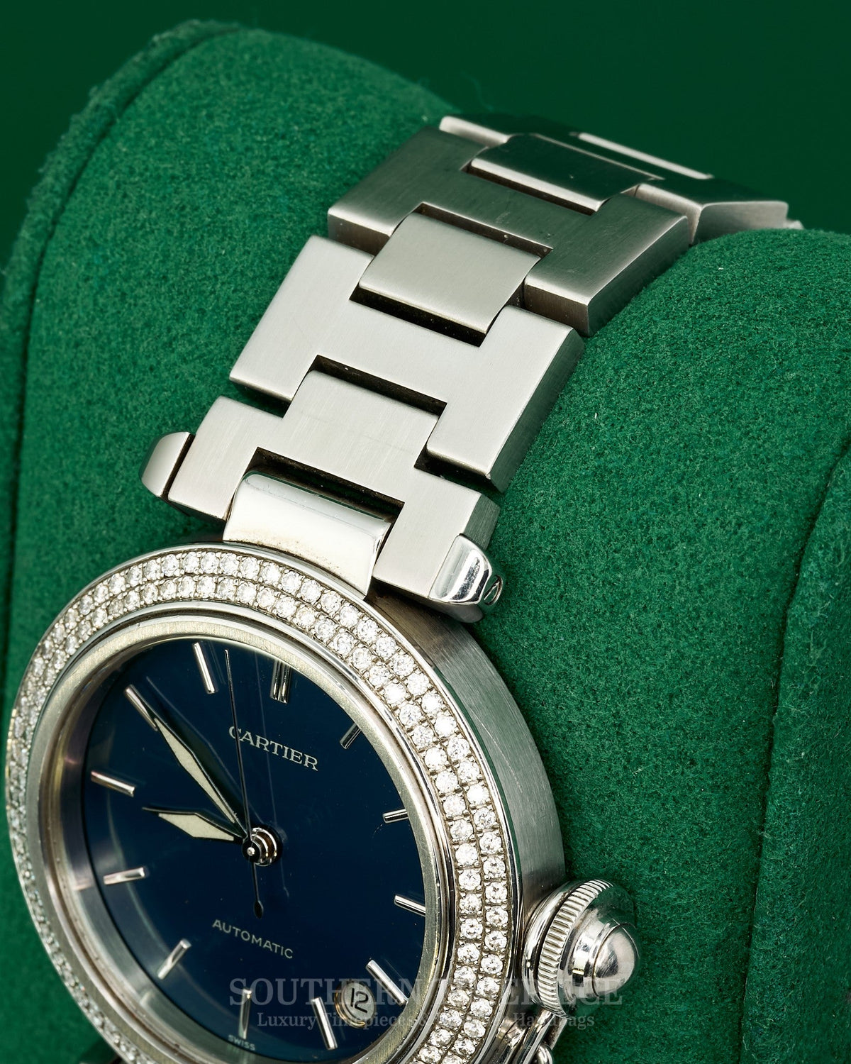 35mm Cartier Pasha Large in Stainless Steel with a Blue Dial and Custom Diamond Bezel (Ref: W31014M7)