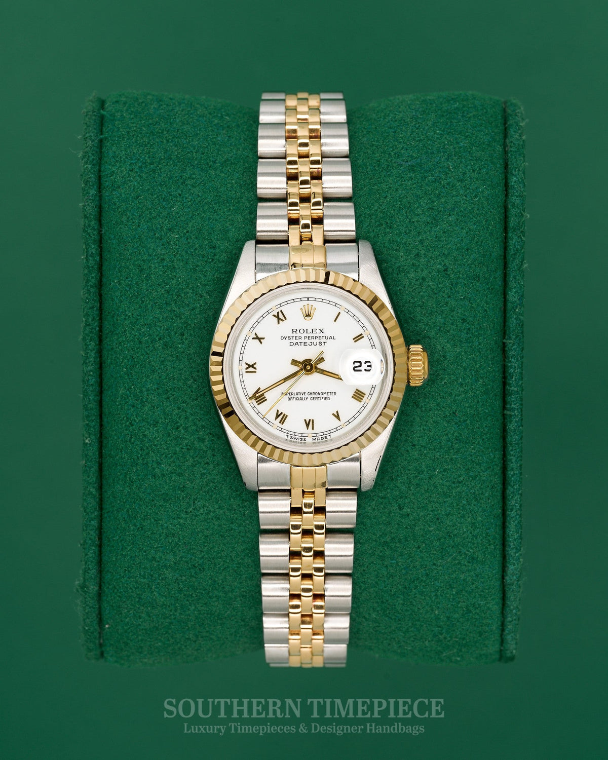 26mm Rolex Datejust with White Roman Numeral Dial in 18kt Yellow Gold and Stainless on Jubilee (Ref: 69173)(Year: 1991)