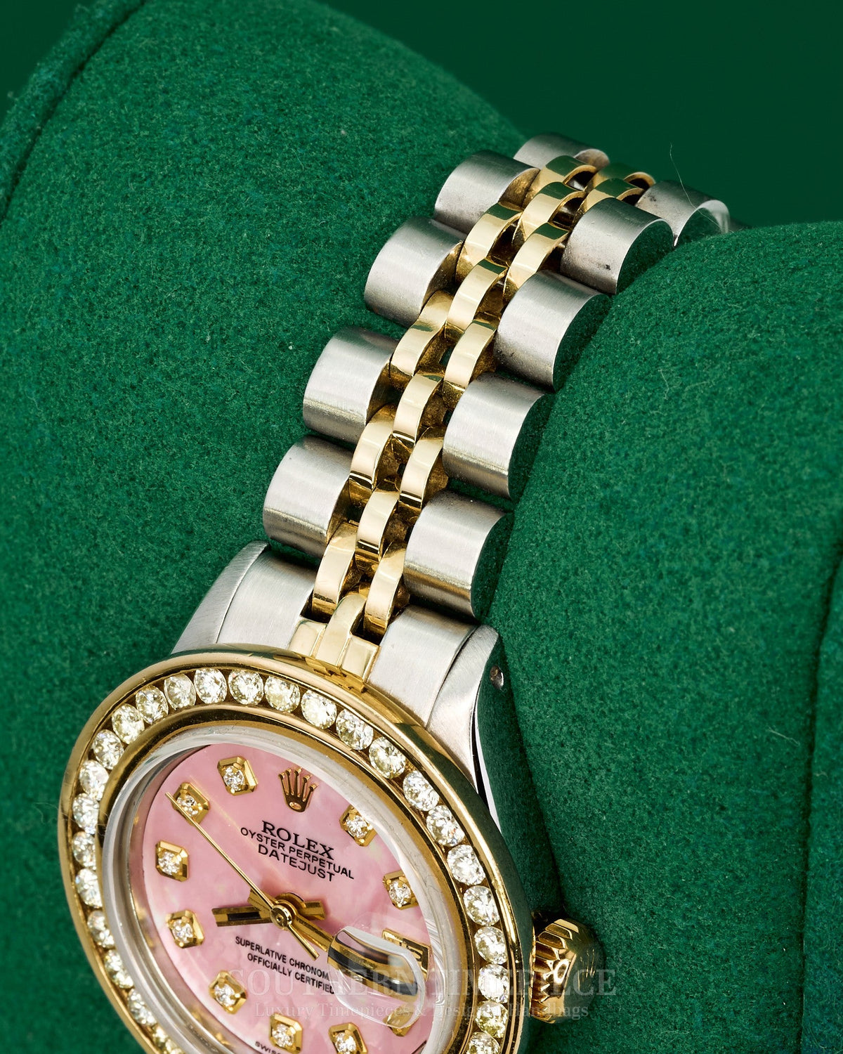26mm Rolex Datejust in Yellow Gold and Stainless with Custom Pink Mother of Pearl Diamond Dial and Diamond Bezel (Ref: 6917)(Year: 1976)