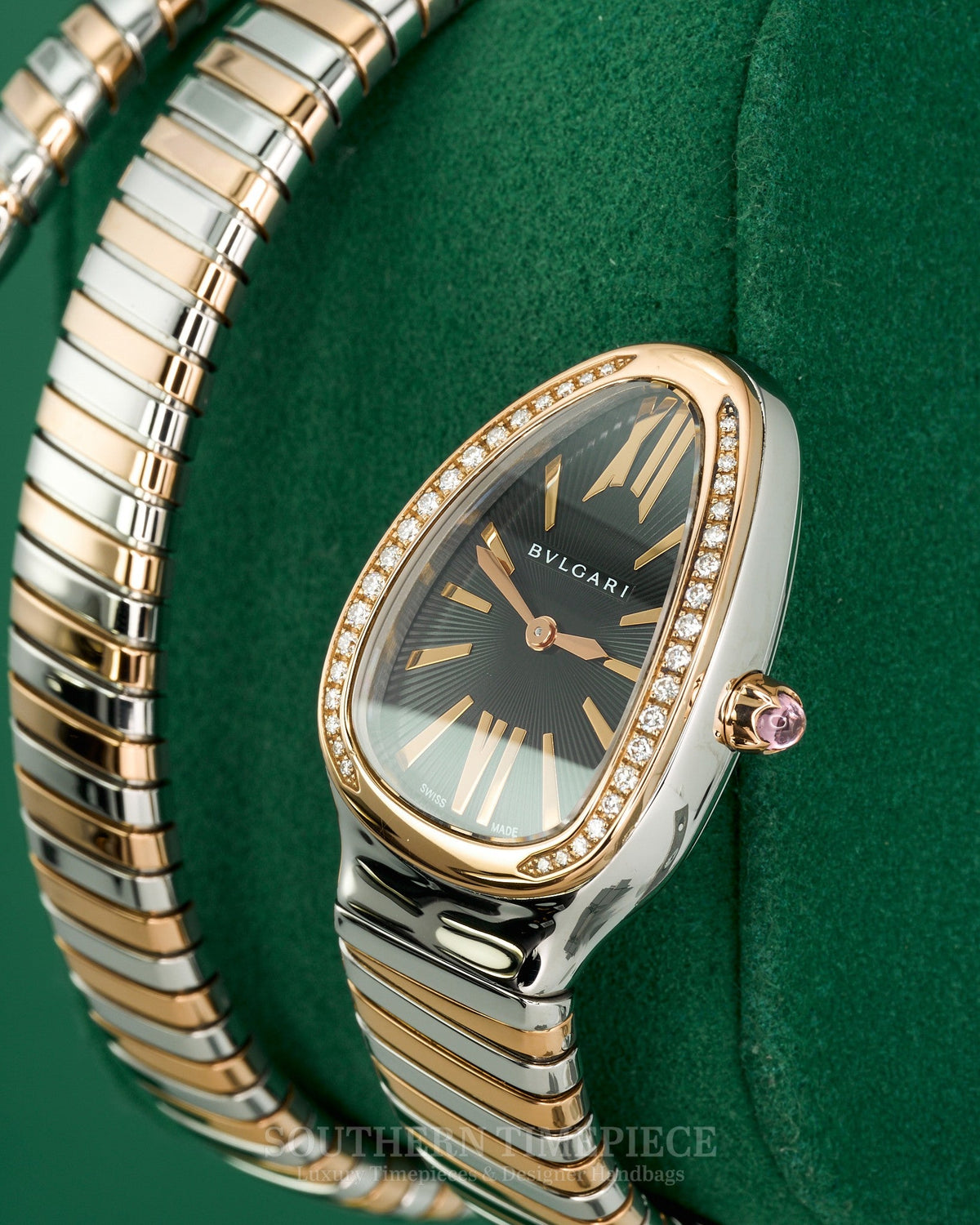 35mm Bvlgari Serpenti Tubogas with Black Dial in 18kt Rose Gold and Steel- Double Spiral Bracelet and Diamonds (Ref: 102099)(Year: 2018)(Box & Papers)