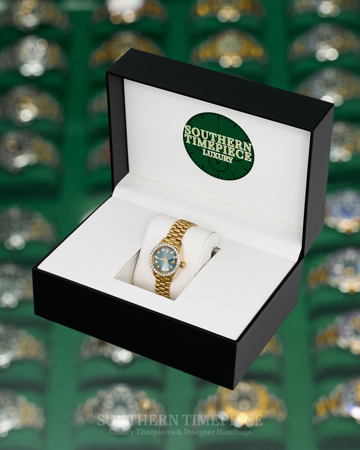 26mm Rolex Datejust "President" with a Custom Blue Diamond Dial and Diamond Bezel in Solid 18kt Yellow Gold (Ref: 6917/8)(Year: 1981)