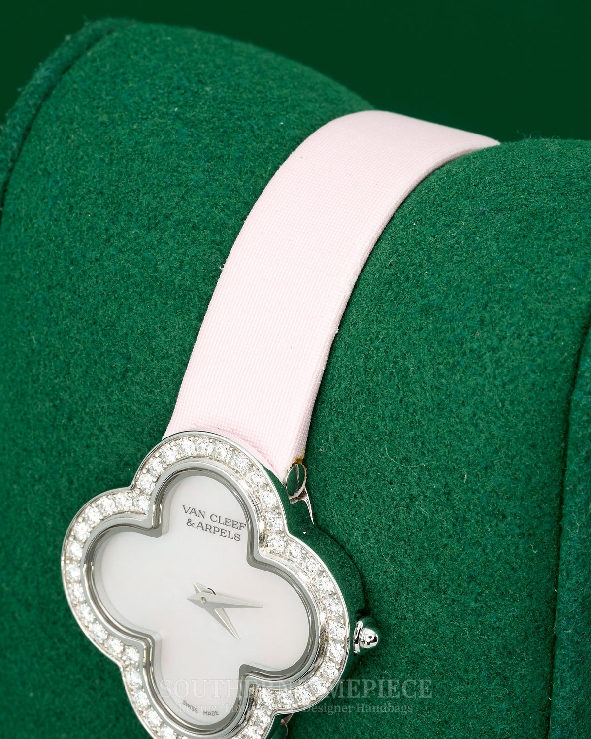 27mm Van Cleef & Arpels Alhambra Watch Small Model in 18kt White Gold featuring a White Mother of Pearl Dial and a Factory Gem Set Round Diamond Bezel (Ref: VCARM95800)
