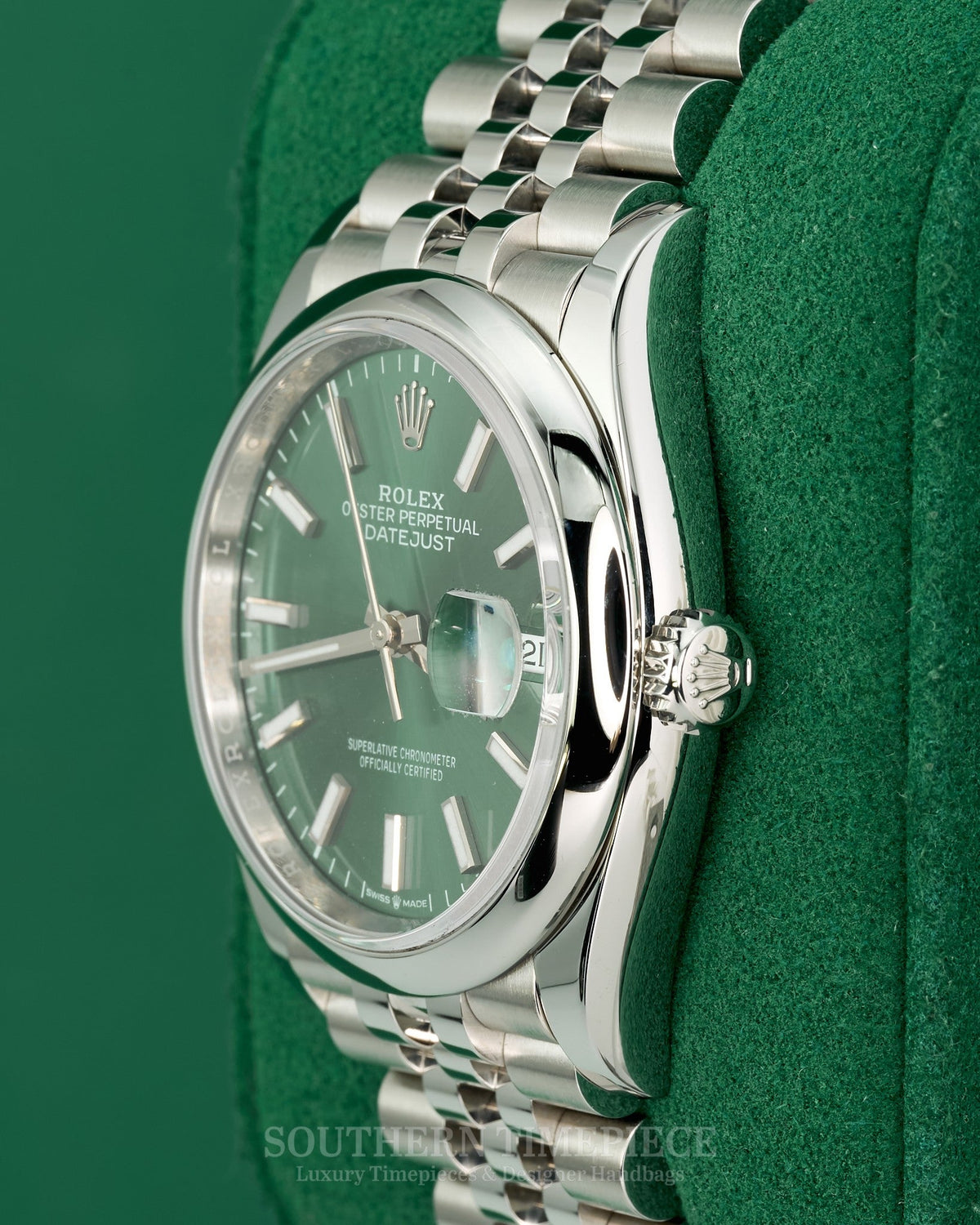 36mm Rolex Datejust with Mint Green Stick Dial in Stainless Steel on Jubilee (Ref: 126200)(Year: 2024)(Box & Papers)