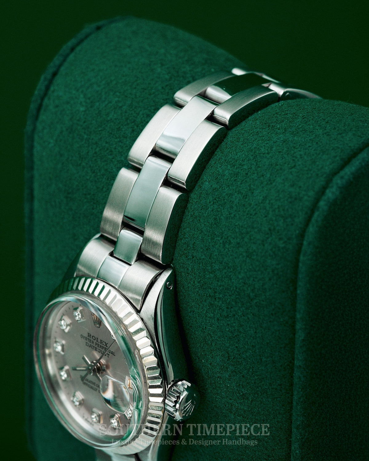 26mm Rolex Datejust with Custom Silver Diamond Dial and Fluted Bezel in Stainless Steel on Oyster (Ref: 6516)(Year: 1970)