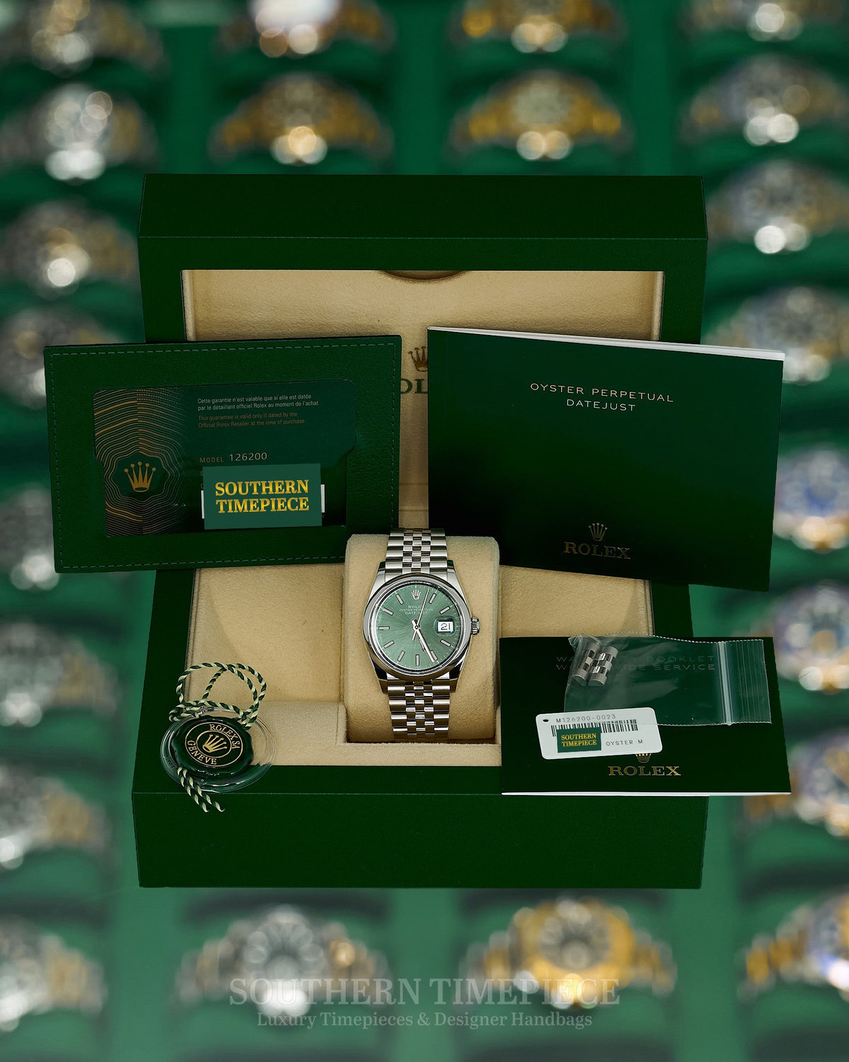 36mm Rolex Datejust with Mint Green Stick Dial in Stainless Steel on Jubilee (Ref: 126200)(Year: 2024)(Box & Papers)