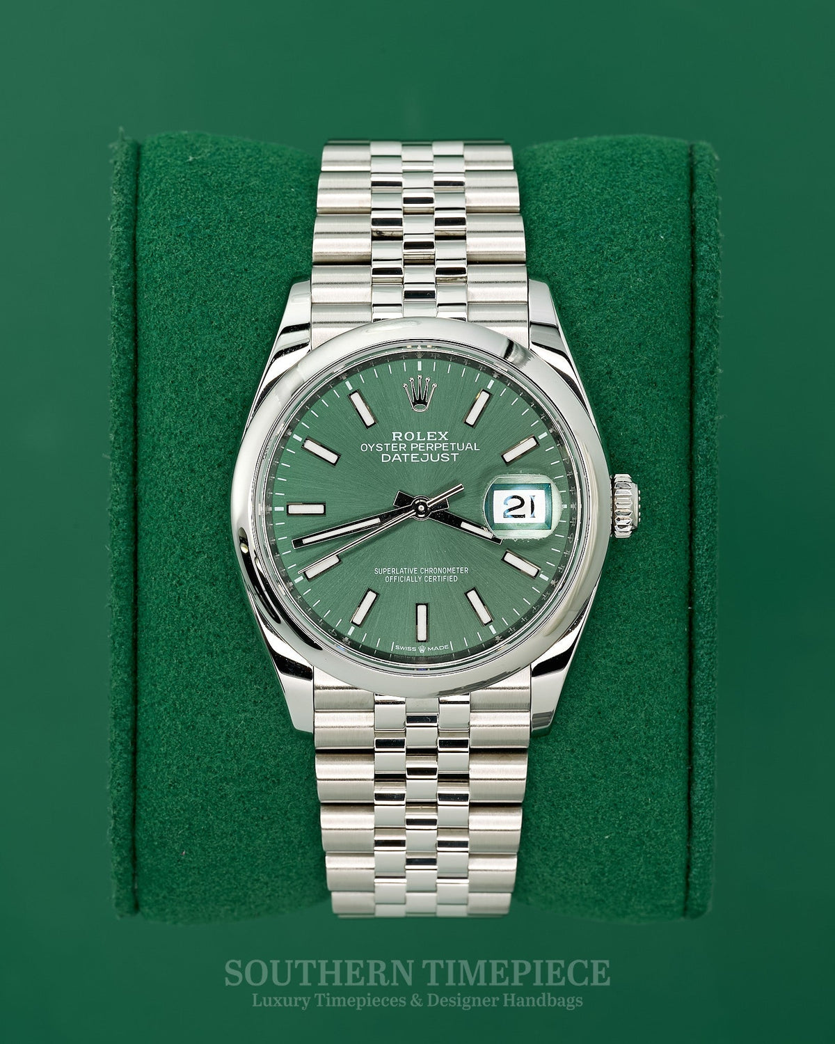 36mm Rolex Datejust with Mint Green Stick Dial in Stainless Steel on Jubilee (Ref: 126200)(Year: 2024)(Box & Papers)