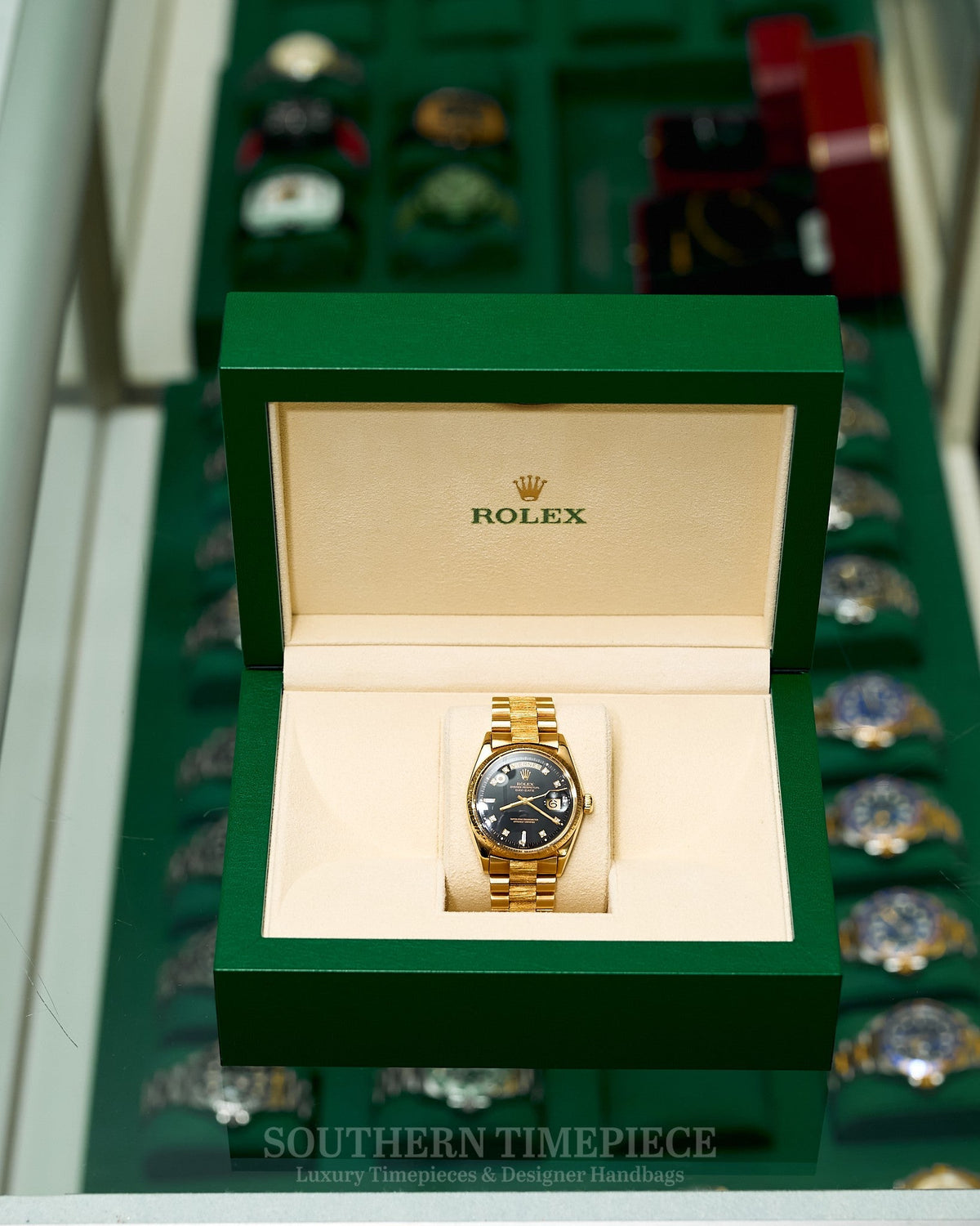 36mm Rolex Day-Date President with a Custom Blk Dia Dial in 18kt Yellow Gold/Bark/Rare Spanish Date Wheel (Ref: 1807)(Year: 1967)(Box & Appraisal)