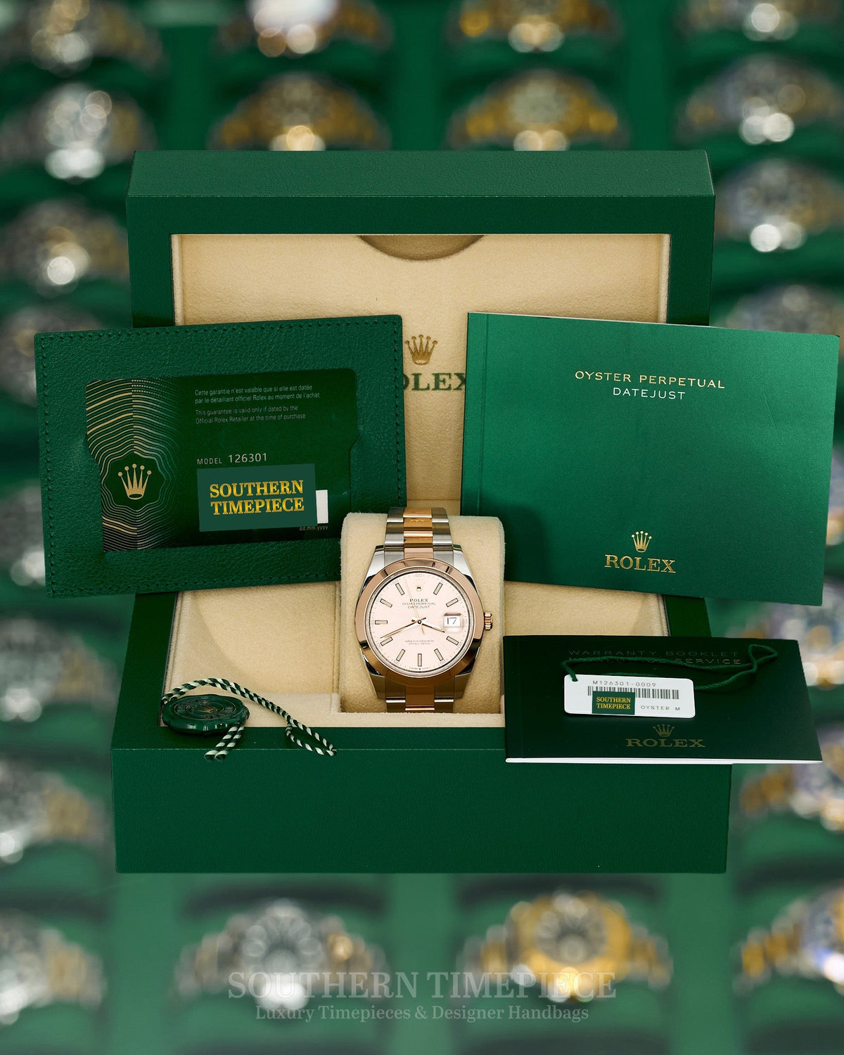 41mm Rolex Datejust 18kt Everose Gold and Oystersteel featuring a Sundust Stick Dial (Ref: 126301)(Box & Papers)