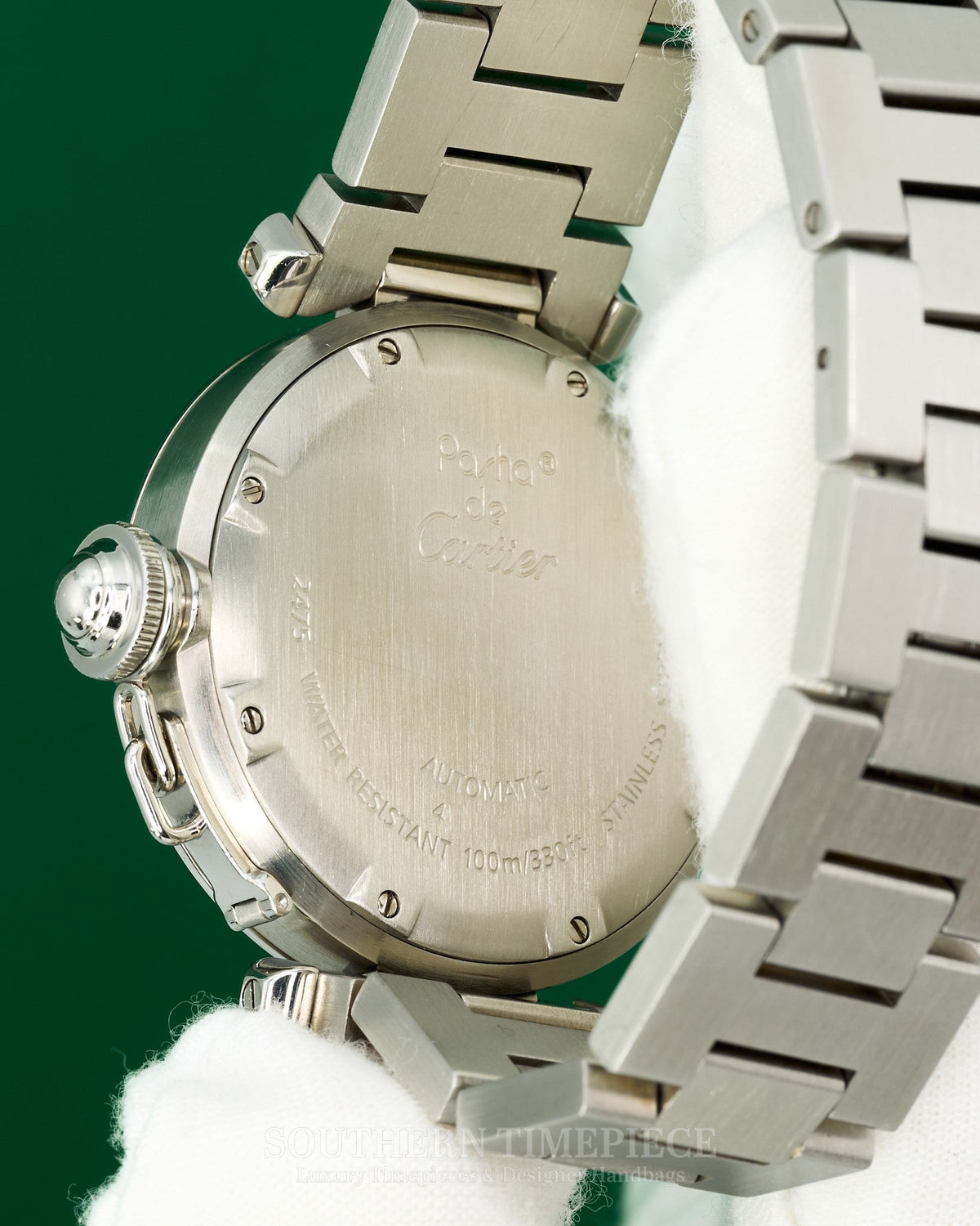 35mm Cartier Pasha Large in Stainless Steel with a White Dial and Custom Diamond Bezel (Ref: W31044M7)