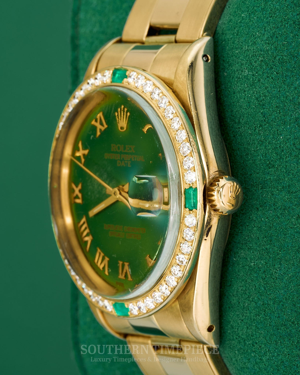 34mm Rolex Date in Solid 14kt Yellow Gold with a Custom Green Roman Numeral Dial and Diamond/Emerald Bezel (Ref: 15007)(Year: 1981)