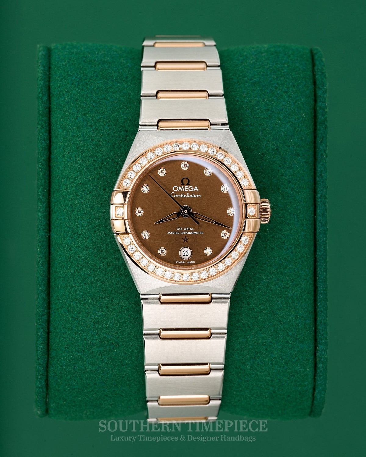 Brand New 2025 29mm Omega Constellation in 18kt Rose Gold and SS w/ Chocolate Dia Dial and Dia Bezel (Ref: 13125292063001)(Year: 2025)(Box & Papers)