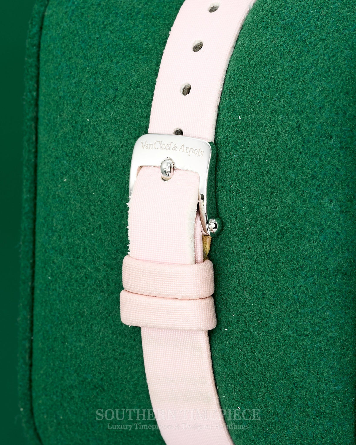27mm Van Cleef & Arpels Alhambra Watch Small Model in 18kt White Gold featuring a White Mother of Pearl Dial and a Factory Gem Set Round Diamond Bezel (Ref: VCARM95800)