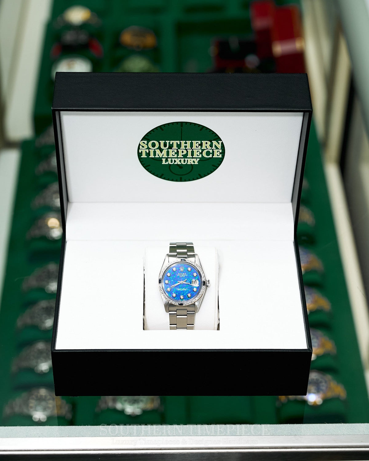 34mm Rolex Date with Custom Blue Confetti Diamond Dial and Diamond/Sapphire Bezel on Oyster (Ref: 1500)(Year: 1978)