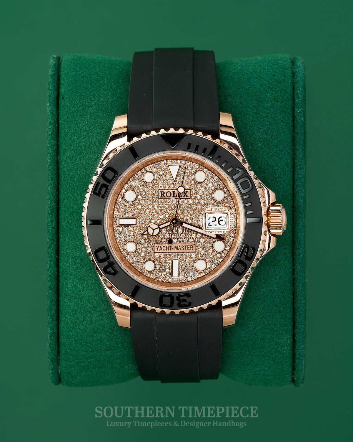 40mm Rolex Yacht-Master in Solid 18kt Everose Gold on Oysterflex with Custom Pave Diamond Dial (Ref: 116655)(Year: 2018)(Box & Papers)