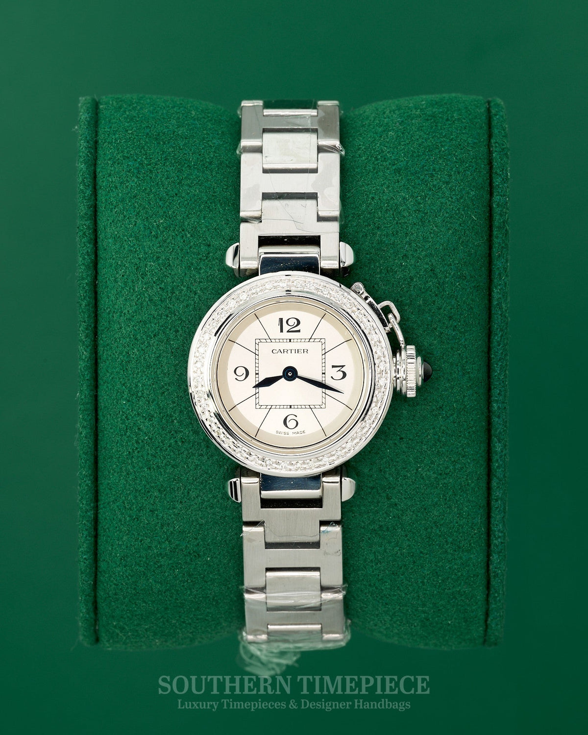 27mm Cartier Pasha Small Size in Stainless Steel with Custom Diamonds (Ref: W3140007)