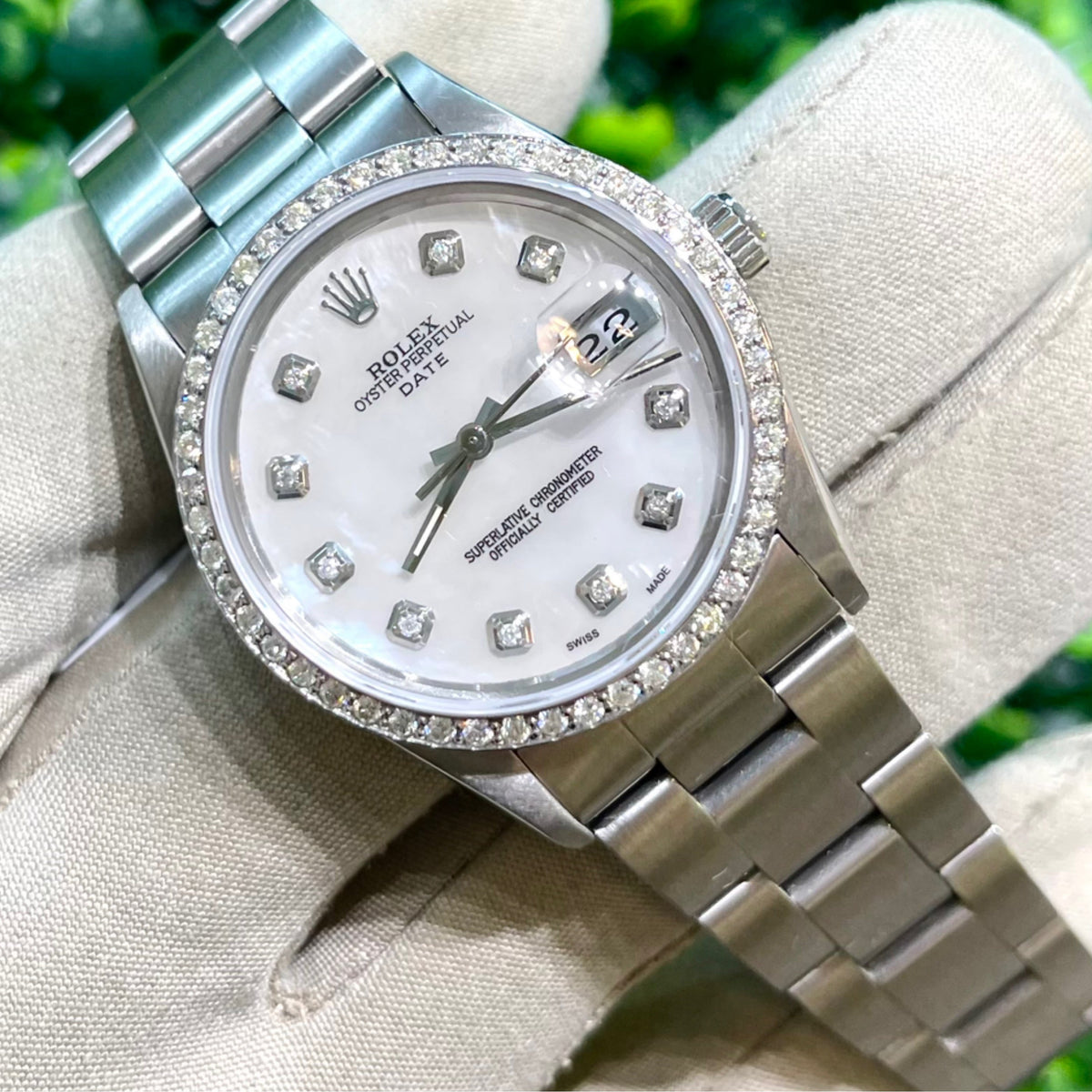 34mm Rolex Date with a Custom Mother of Pearl Diamond Dial and Diamond Bezel (Ref: 15000)(Year: 1983)