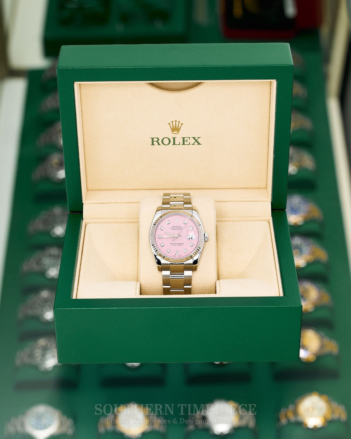 36mm Rolex Datejust with Custom Pink Diamond Dial and Fluted Bezel in Stainless Steel on Oyster (Ref: 116234)(Year: 2005)(Box & Appraisal)