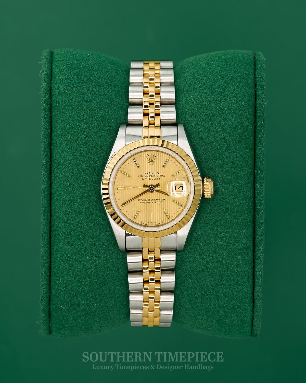 26mm Rolex Datejust with Champagne Tapestry Dial in 18kt Yellow Gold and Stainless on Jubilee (Ref: 69173)(Year: 1991)
