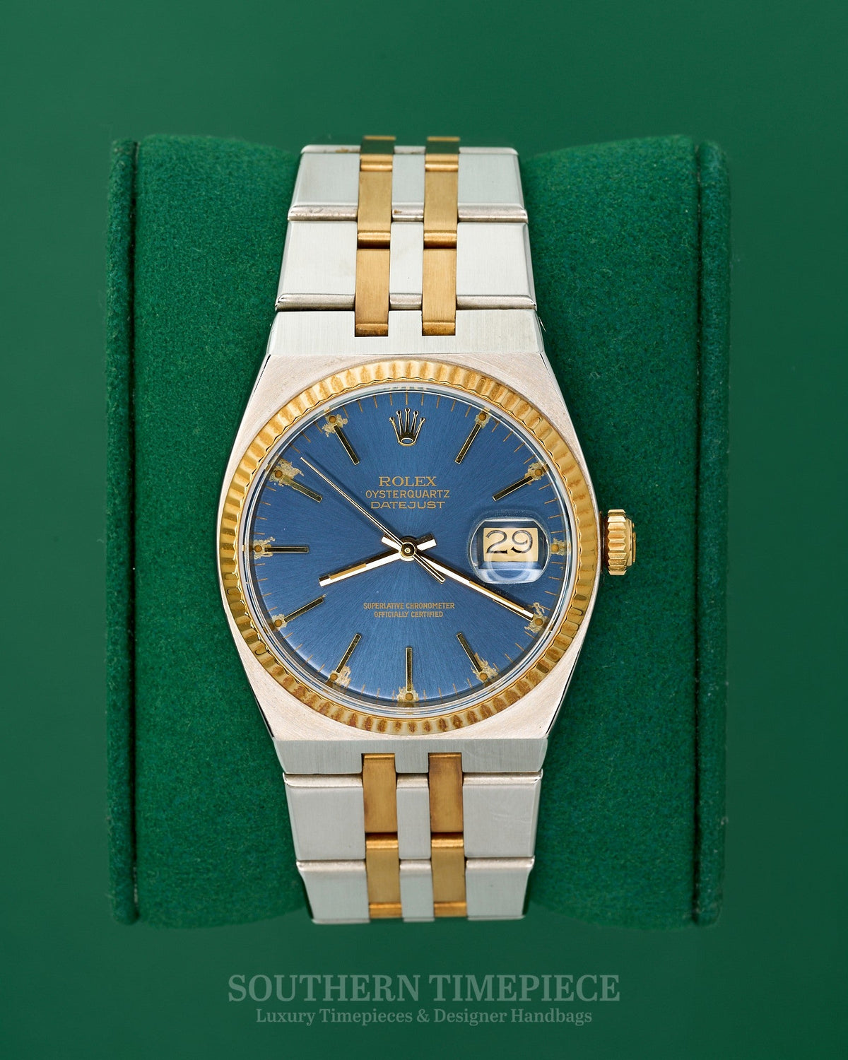 36mm Rolex Datejust Oysterquartz in 18kt Yellow Gold and Stainless with Blue Stick Dial (Ref: 17013)(Year: 1986)