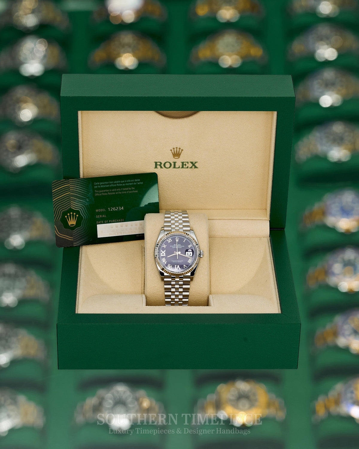 36mm Rolex Datejust in Oystersteel and 18kt White Gold with Factory Purple Diamond Dial on Jubilee (Ref: 126234)(Year: 2021)(Box & Papers)