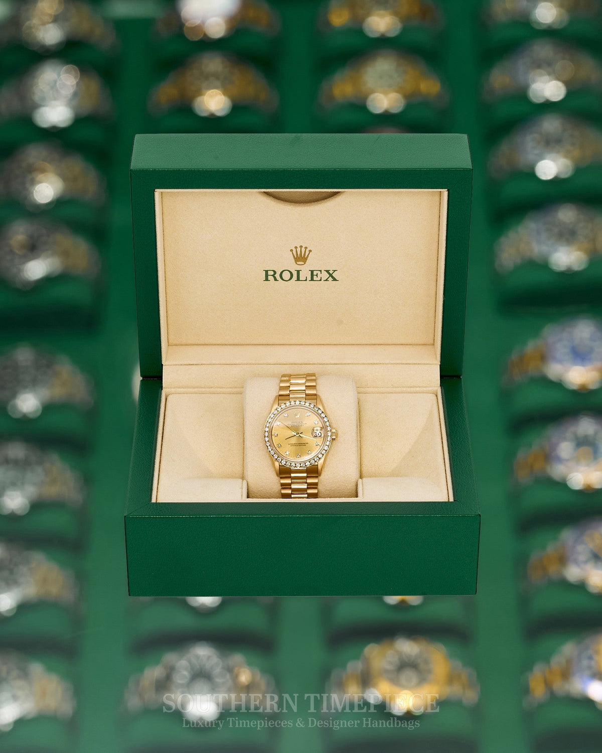 31mm Rolex Datejust "Ladies President" in Solid 18kt Yellow Gold with Factory Champagne Diamond Dial and Custom Diamond Bezel (Ref: 68278)(Year: 1993)