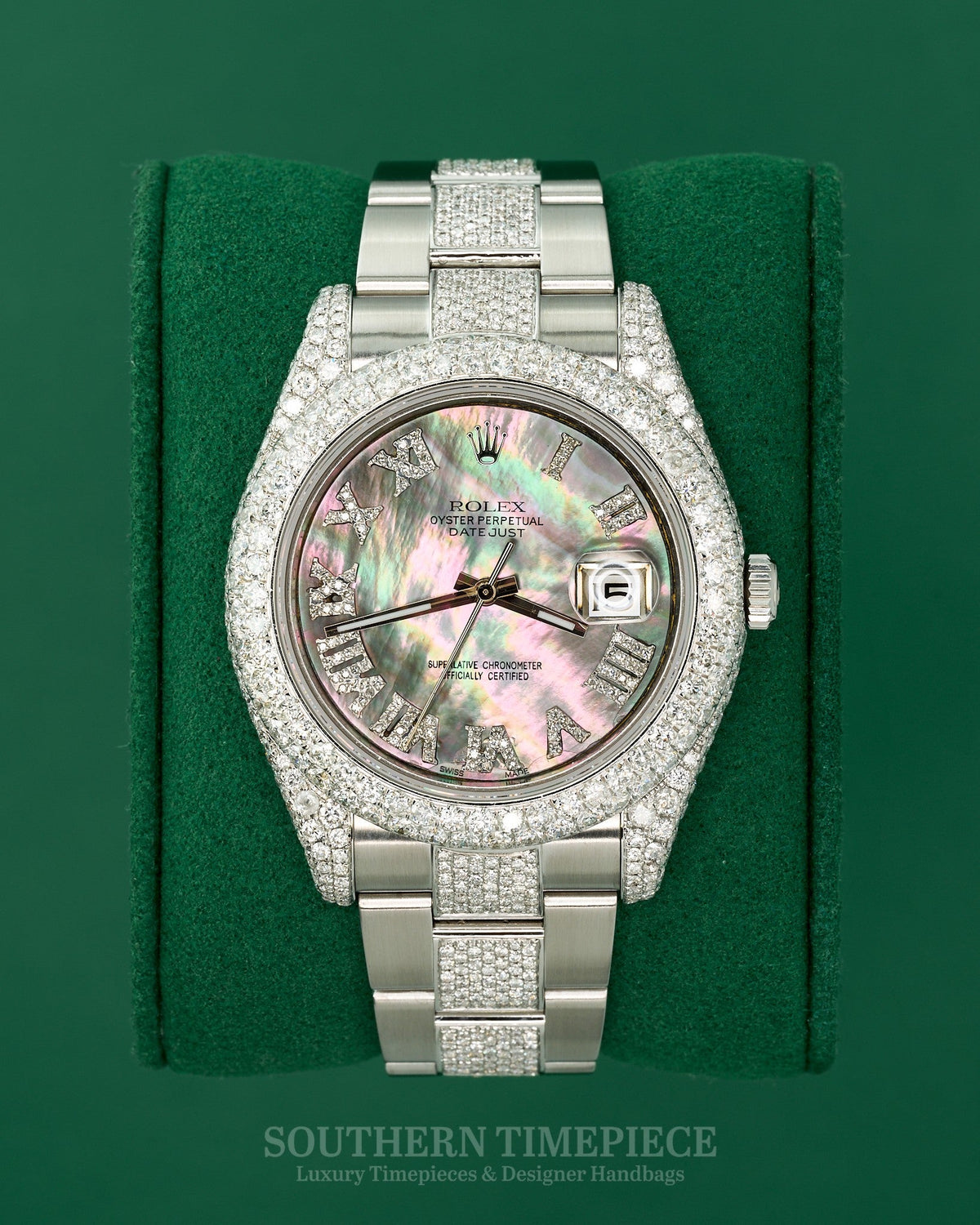 41mm Rolex Datejust Semi-Iced with Tahitian Mother of Pearl Diamond Roman Dial on Oyster (Ref: 116300)(Year: 2011+)(Box)