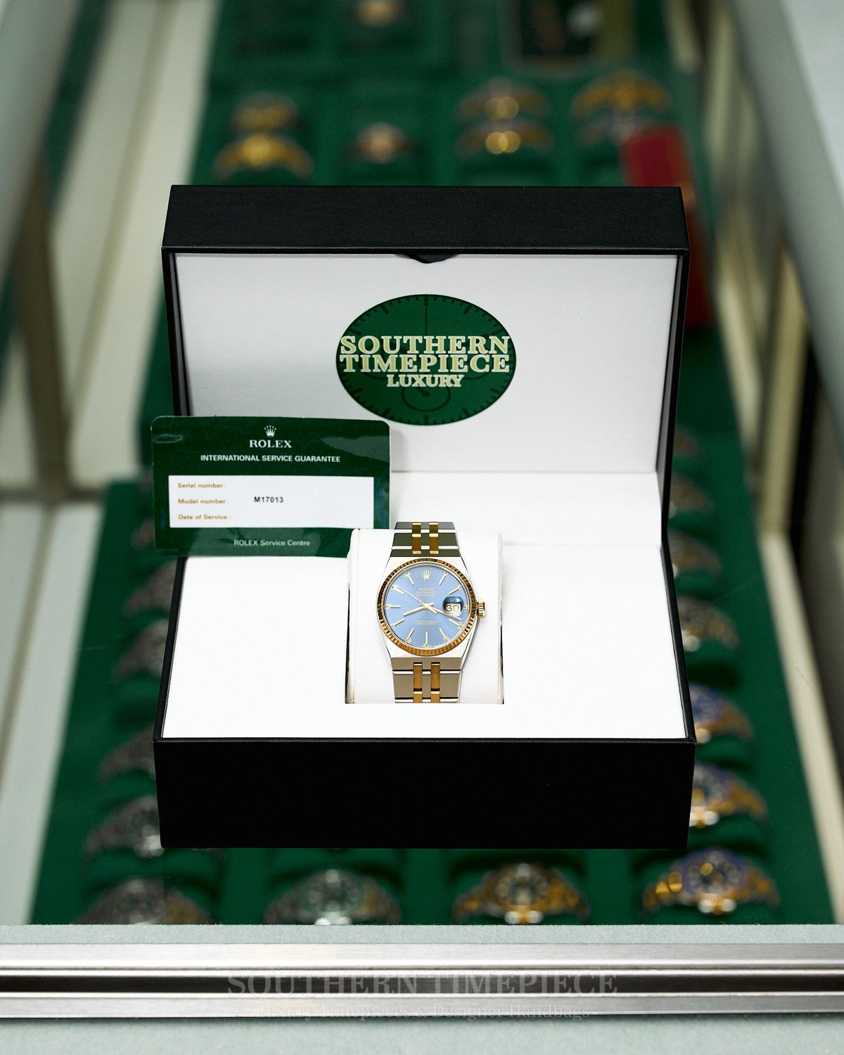 36mm Rolex Datejust Oysterquartz in 18kt Yellow Gold and Stainless with Blue Stick Dial (Ref: 17013)(Year: 1986)
