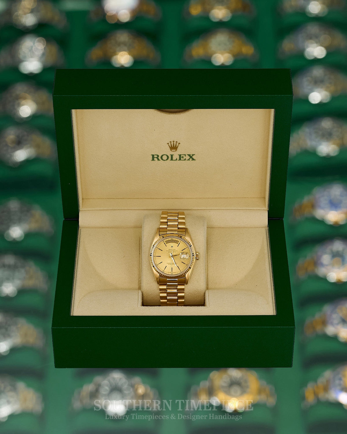 36mm Rolex Day-Date "President" with Champagne Stick Dial in Solid 18kt Yellow Gold (Ref: 18038)(Year: 1980)