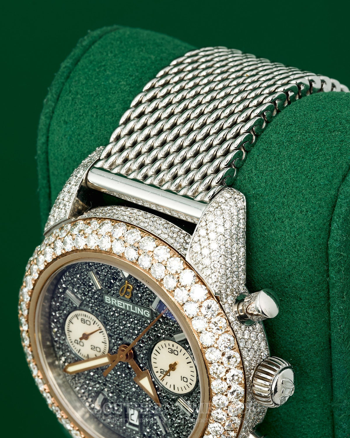 44mm Breitling Superocean Chronograph in 18kt Rose Gold and Steel with Custom Black Diamond Dial and Diamond Bezel/Lugs (Ref: U23370)(Year: ~2012-16)