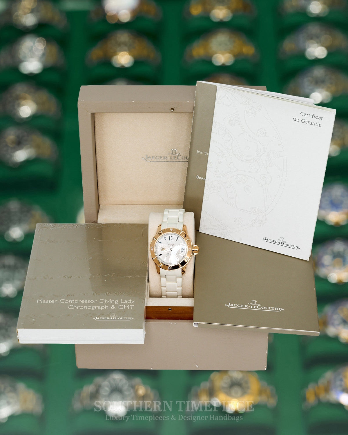 38mm Jaeger LeCoultre Master Compressor Diving GMT in Solid 18kt Rose Gold on White Rubber (Ref: Q1892720)(Year: 2009)(Box & Papers)