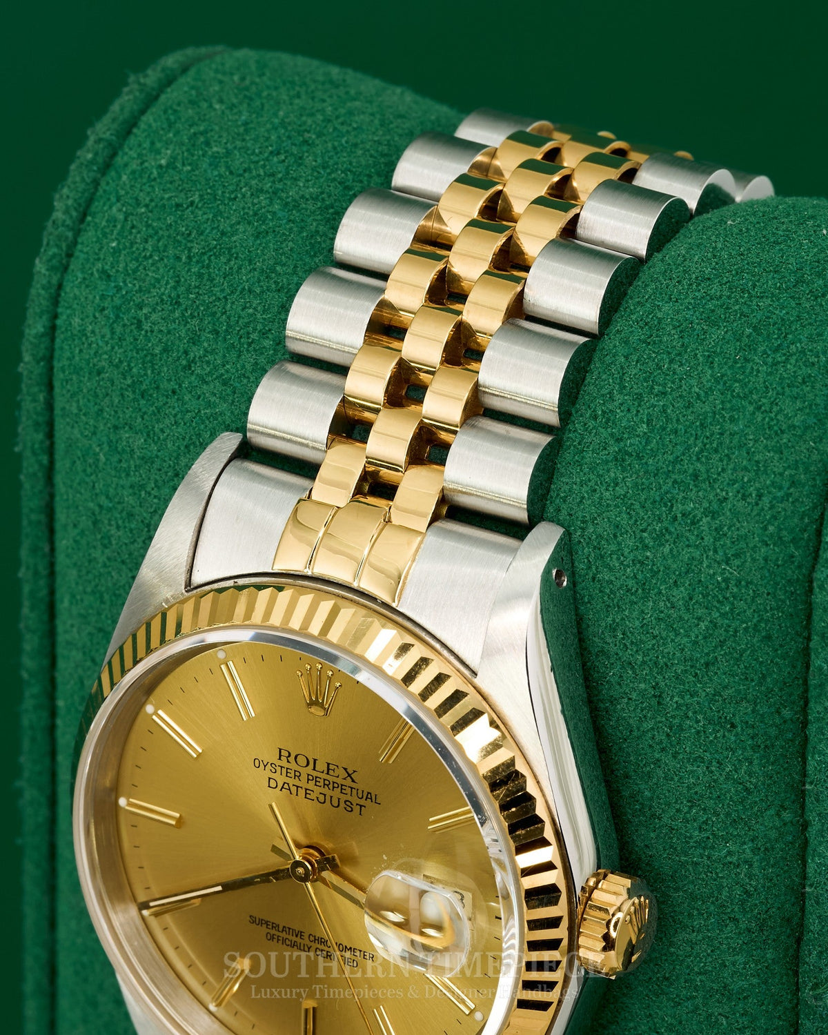 36mm Rolex Datejust with Champagne Stick Dial in 18kt Yellow Gold and Stainless on Jubilee (Ref: 16233)(Year: 1990)