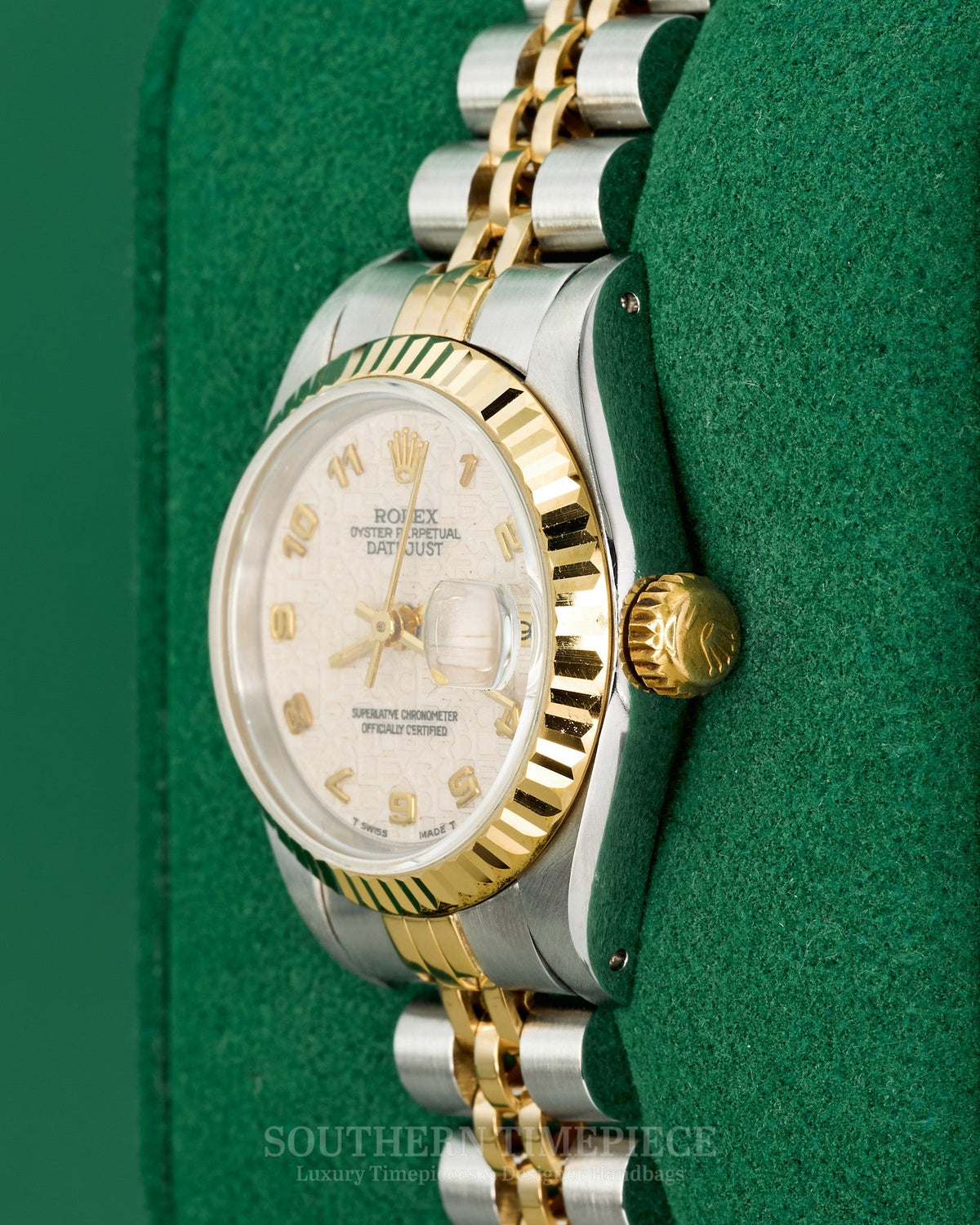 26mm Rolex Datejust with a Cream Anniversary Arabic Dial in 18kt Yellow Gold & Stainless on Jubilee (Ref: 69173)(Year: 1984)