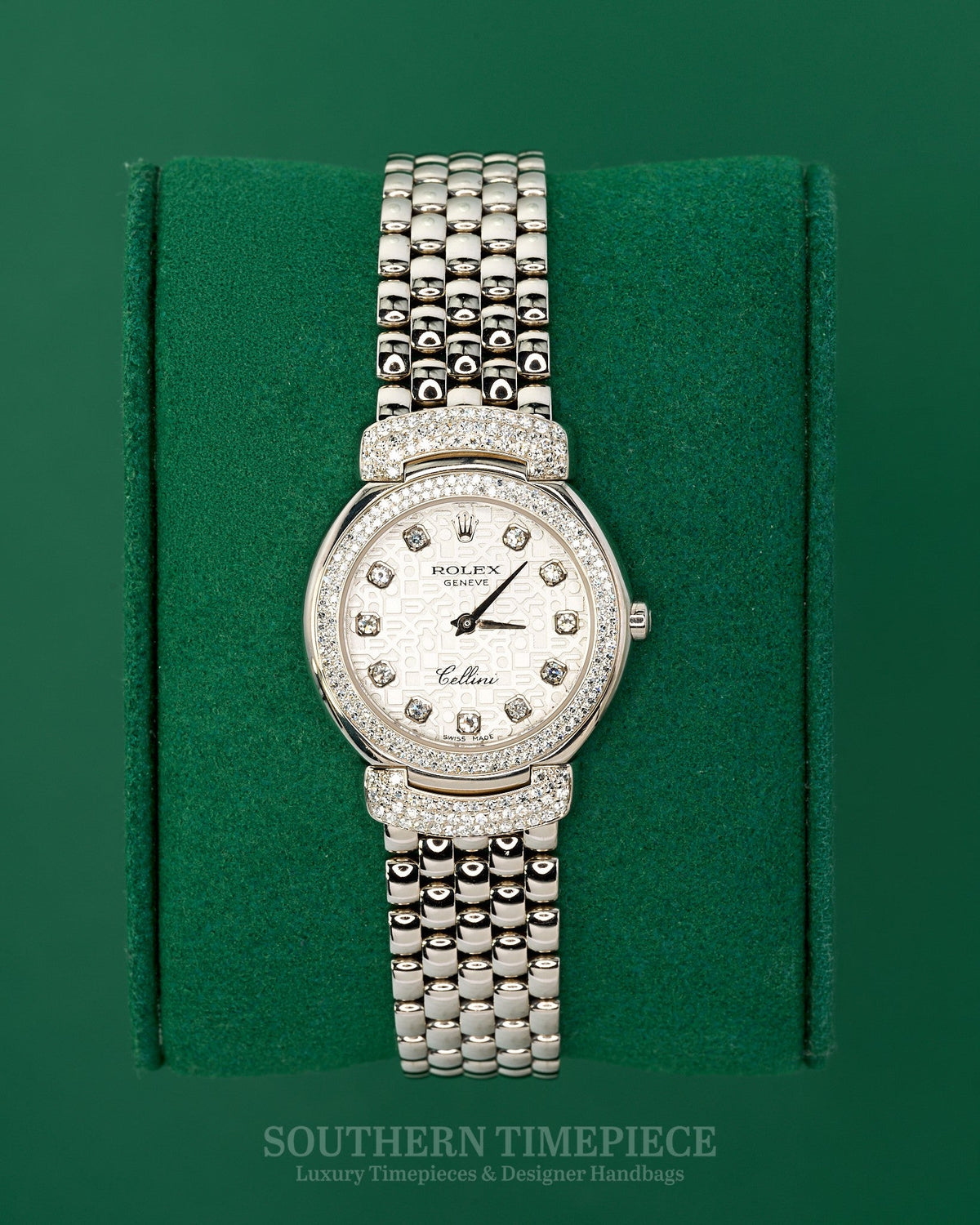 25mm Rolex Cellini Cellissima in Solid 18kt White Gold with Factory Pave Diamonds and Silver Anniversary Diamond Dial (Ref: 6673)(Year: 2007)