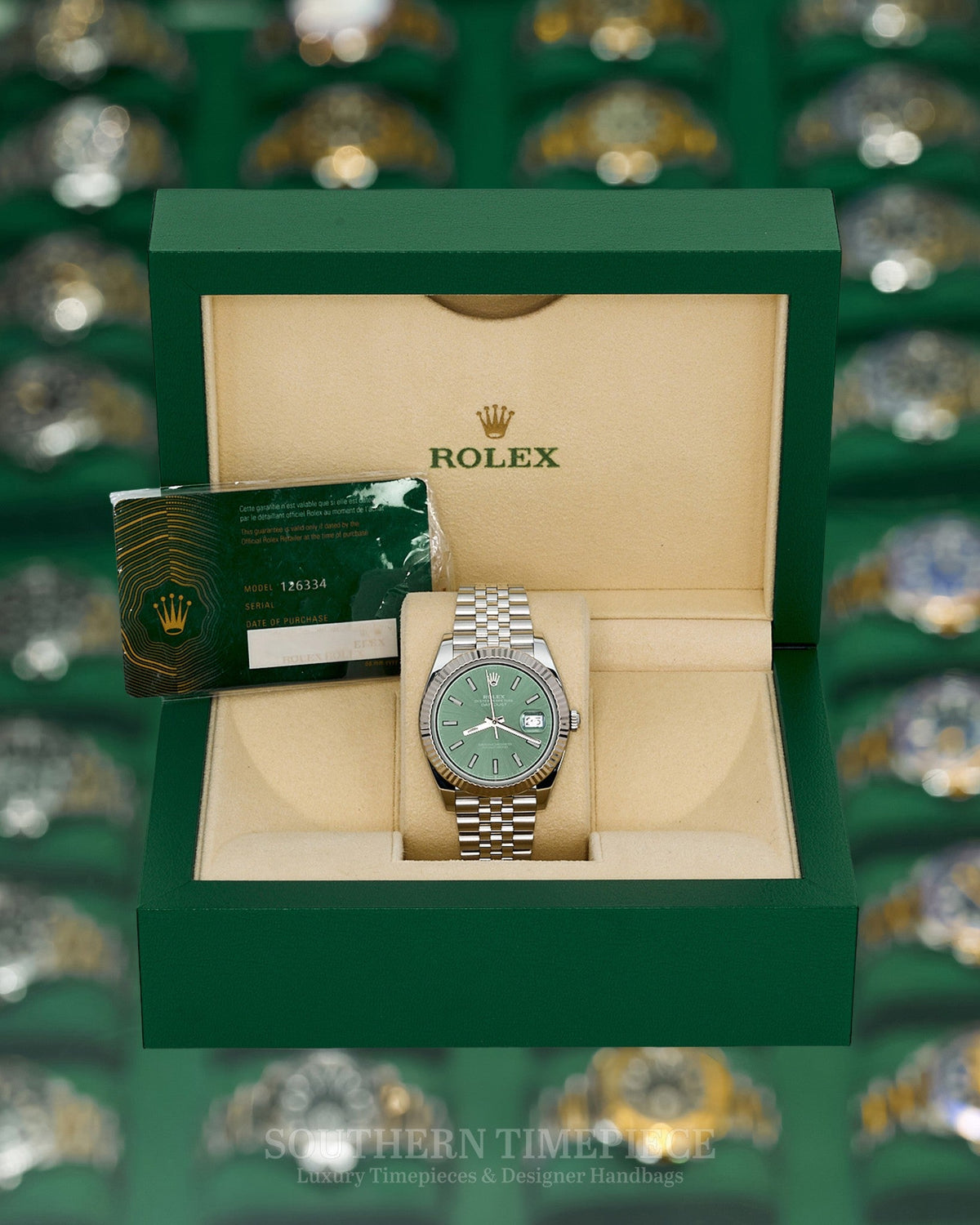 41mm Rolex Datejust Mint Green 18kt White Gold Fluted Bezel on Jubilee Bracelet (Ref: 126334)(Year: 2022)(Box & Papers)
