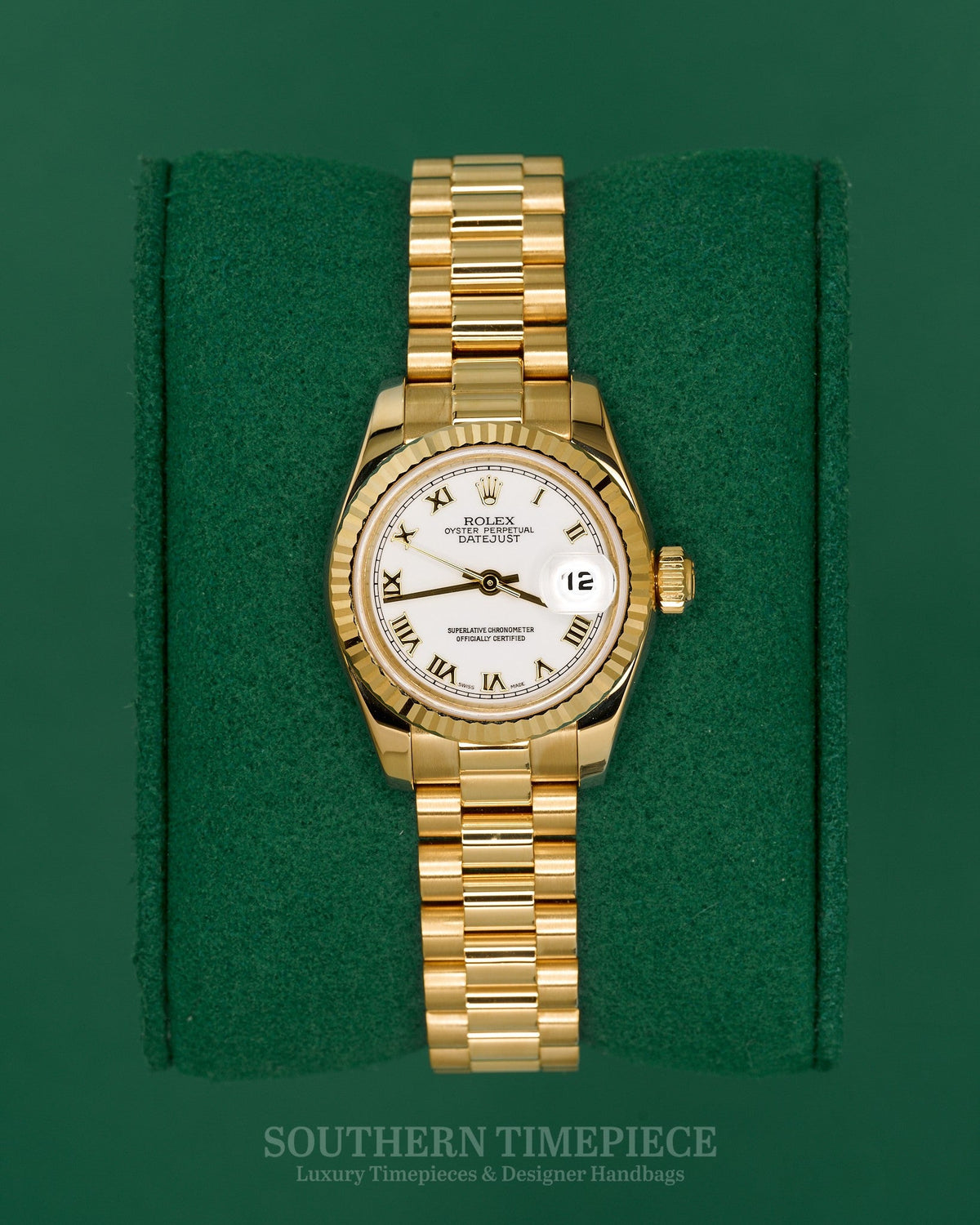 26mm Rolex Datejust "Ladies President" with White Roman Dial in Solid 18kt Yellow Gold (Ref: 179178)(Year: 2000)