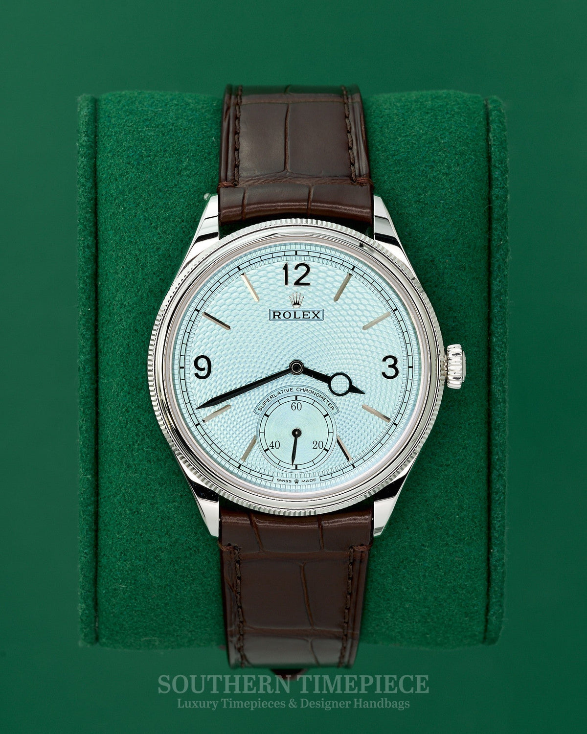 Brand New 2026 39mm Rolex 1908 in Solid Platinum with Ice Blue Dial on Brown Alligator Leather Strap (Ref: 52506)(Year: 2026)(Box & Papers)