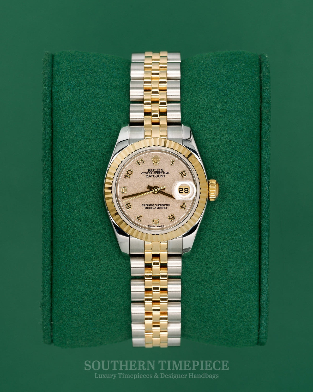 26mm Rolex Datejust with Cream Anniversary Arabic Dial in 18kt Yellow Gold and Stainless on Jubilee (Ref: 179173)(Year: 2004)