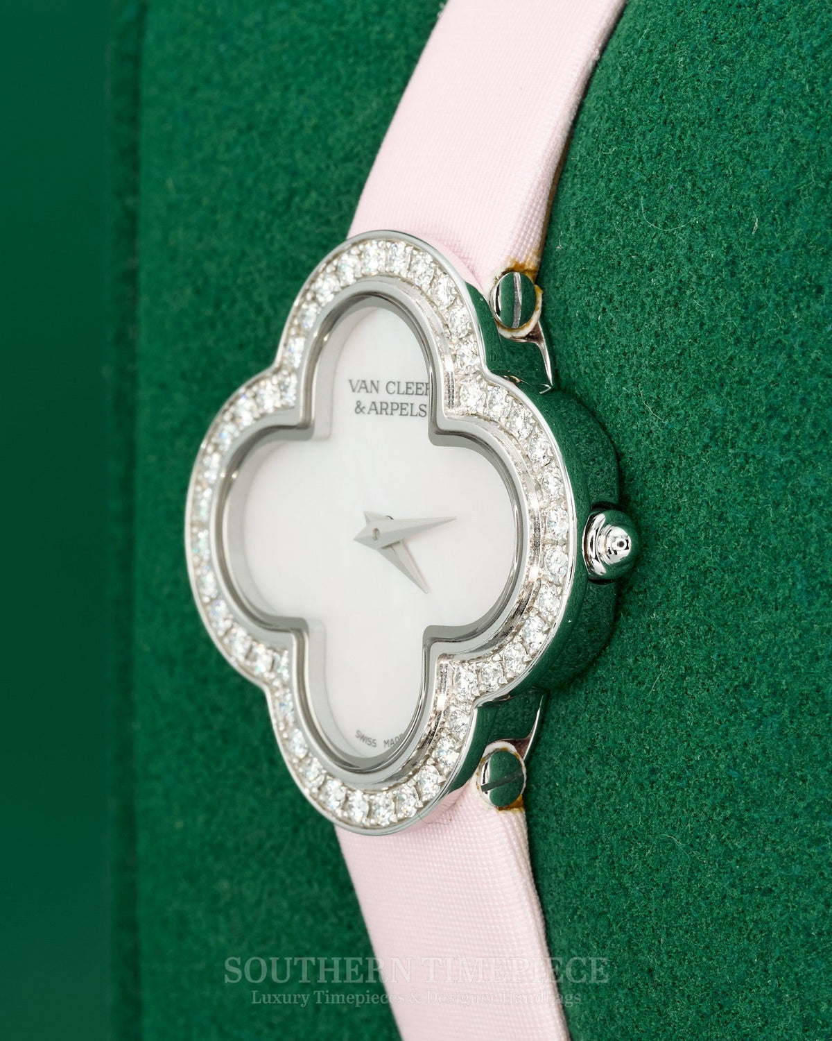 27mm Van Cleef & Arpels Alhambra Watch Small Model in 18kt White Gold featuring a White Mother of Pearl Dial and a Factory Gem Set Round Diamond Bezel (Ref: VCARM95800)