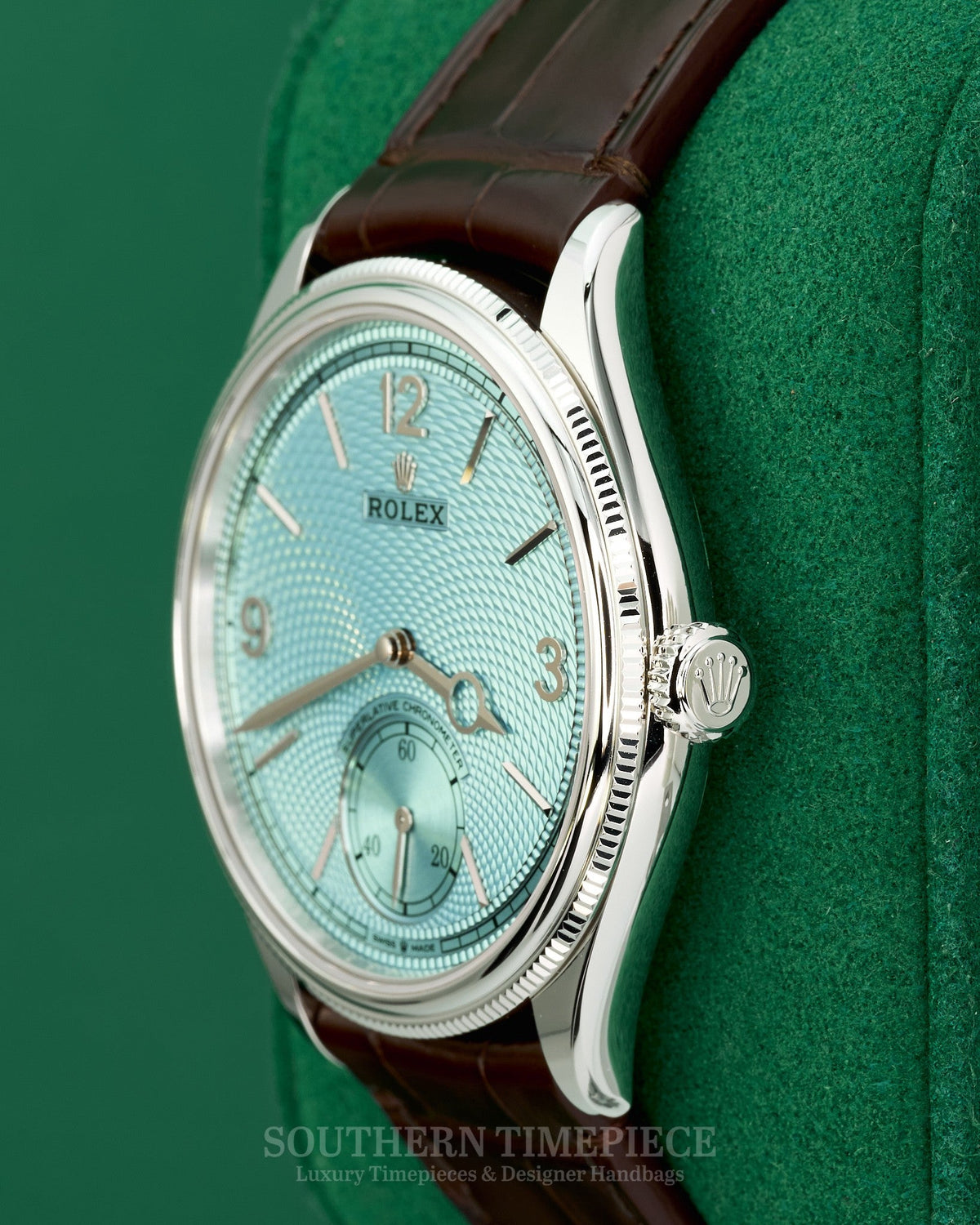 Brand New 2026 39mm Rolex 1908 in Solid Platinum with Ice Blue Dial on Brown Alligator Leather Strap (Ref: 52506)(Year: 2026)(Box & Papers)