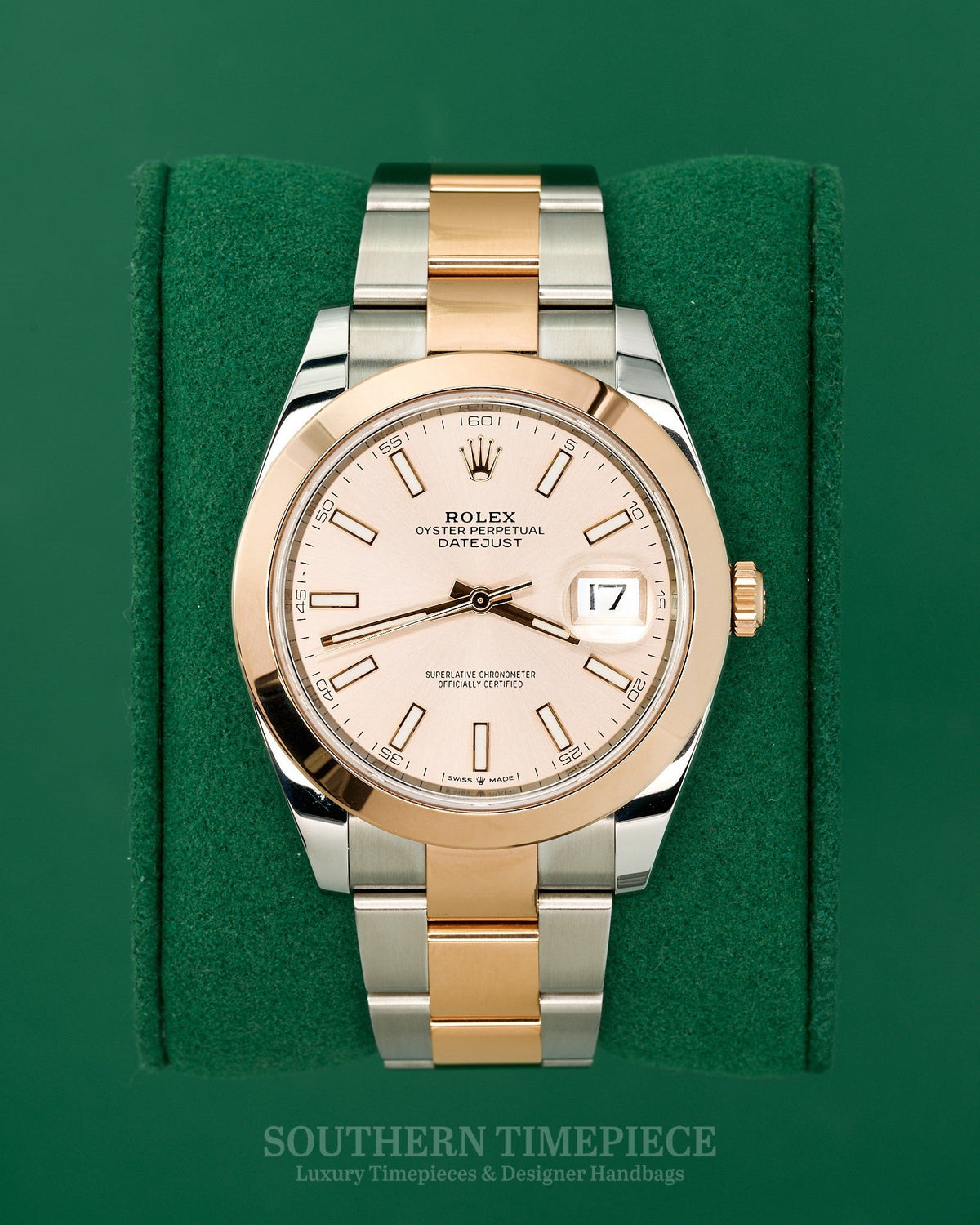41mm Rolex Datejust 18kt Everose Gold and Oystersteel featuring a Sundust Stick Dial (Ref: 126301)(Box & Papers)