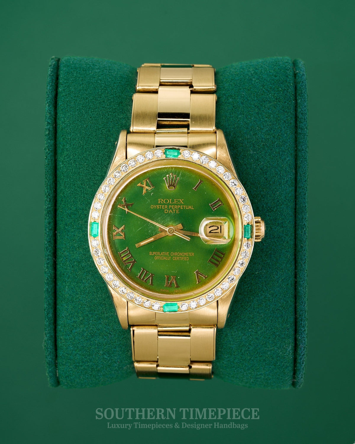 34mm Rolex Date in Solid 14kt Yellow Gold with a Custom Green Roman Numeral Dial and Diamond/Emerald Bezel (Ref: 15007)(Year: 1981)