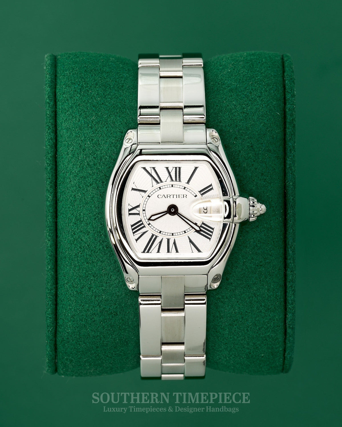 32mm Cartier Roadster in Stainless Steel with Silver Roman Dial on Stainless Bracelet (Ref: W62016V3)